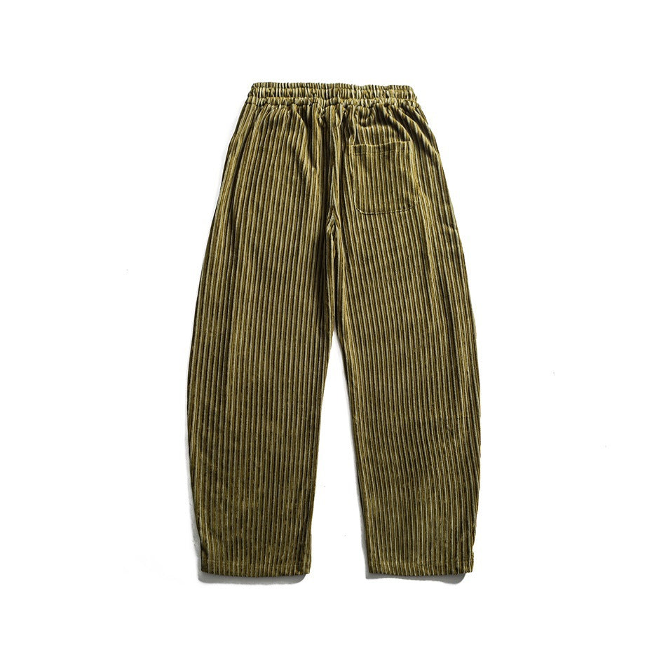 Green striped wide-leg pants, flat lay back view with patch pocket and elastic waistband