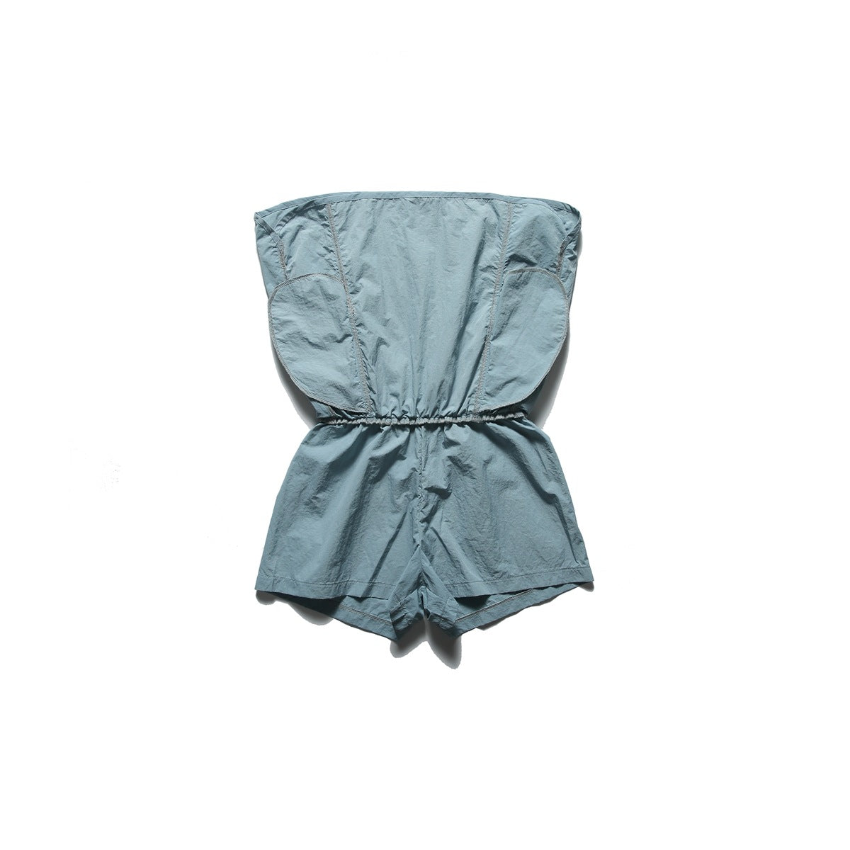 Blue-gray sleeveless romper laid flat, with a gathered waist and loose shorts.