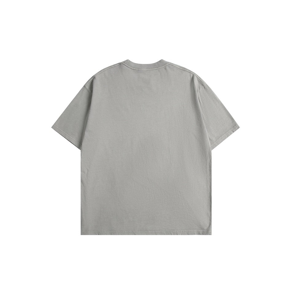 Back view of a plain gray short-sleeve T-shirt laid flat.