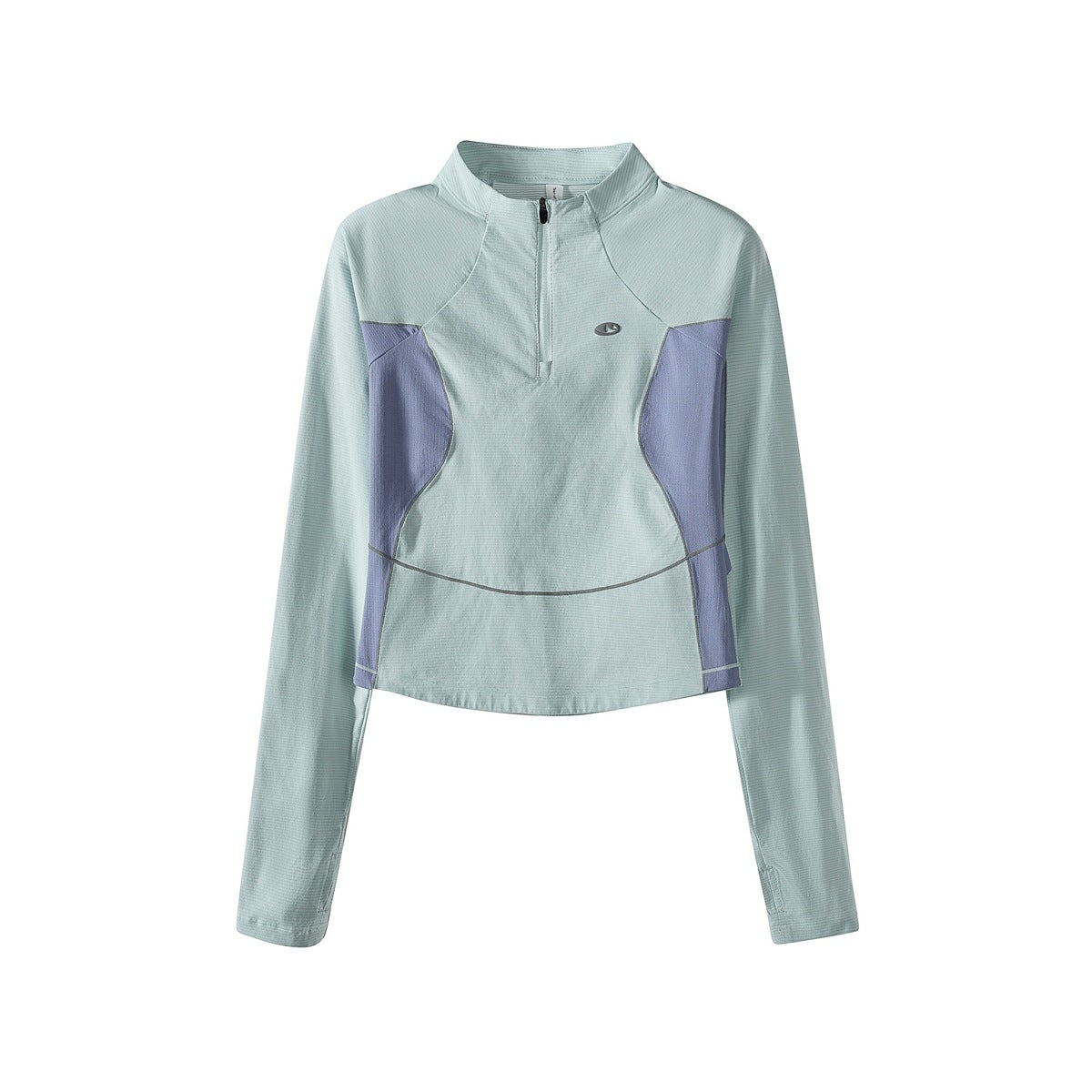 Pale mint-blue cropped half-zip long-sleeve top with periwinkle side panels and gray piping, flat lay