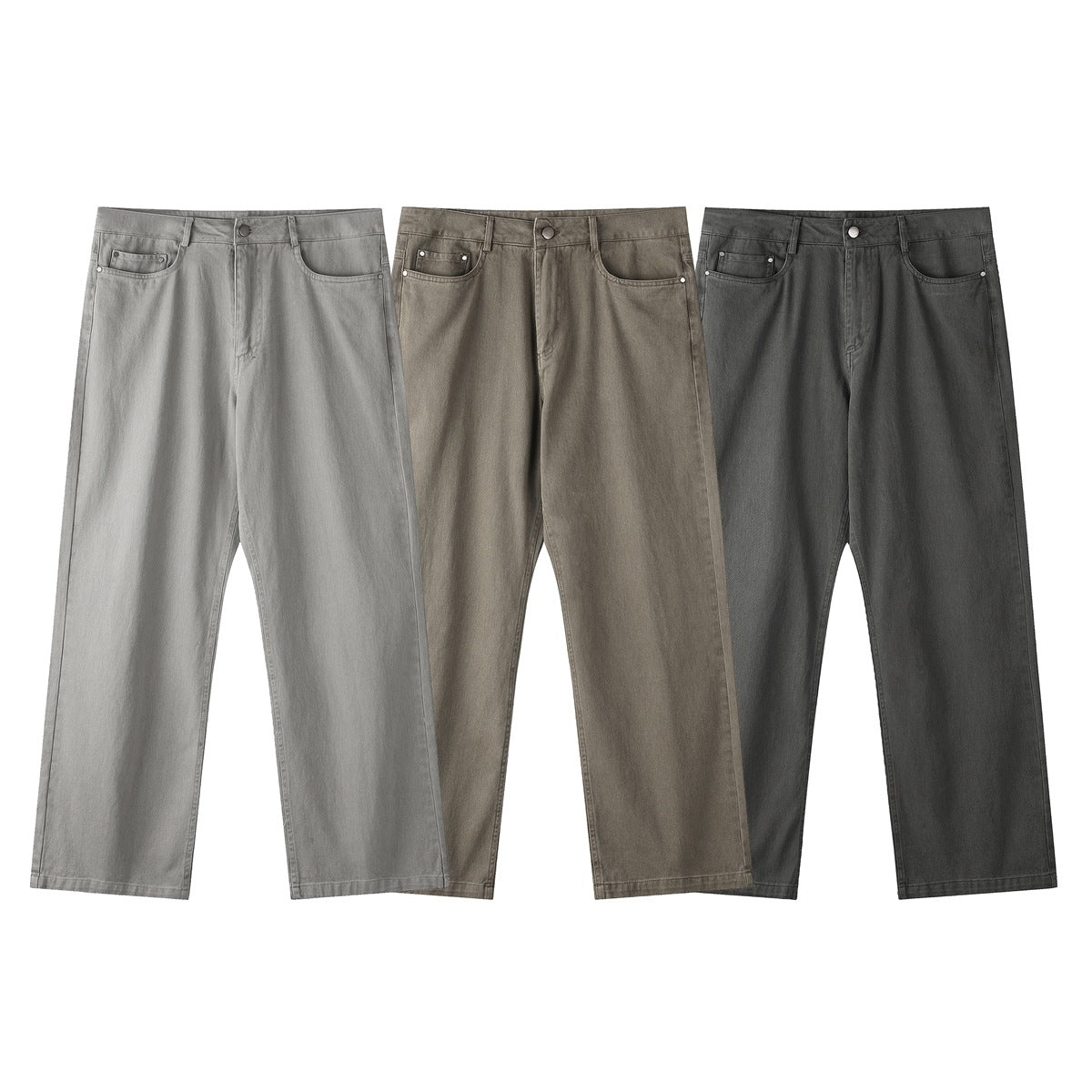 Three pairs of straight-leg pants shown from the front in light gray, taupe, and charcoal.