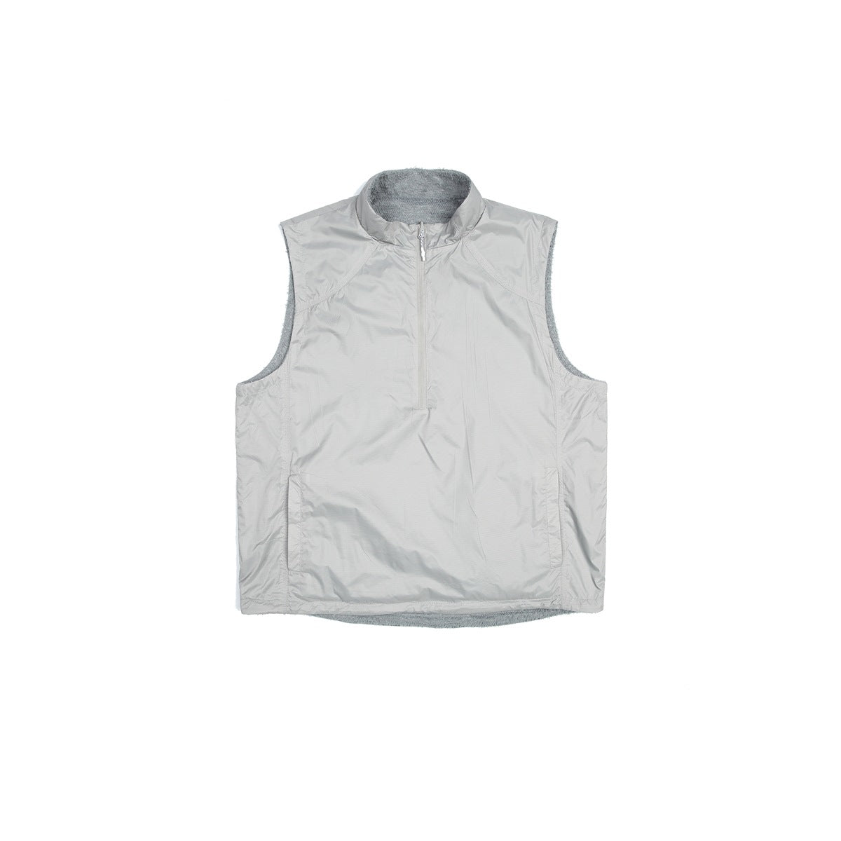 Light gray sleeveless half-zip stand-collar vest flat lay with a smooth shell and gray fleece-like lining