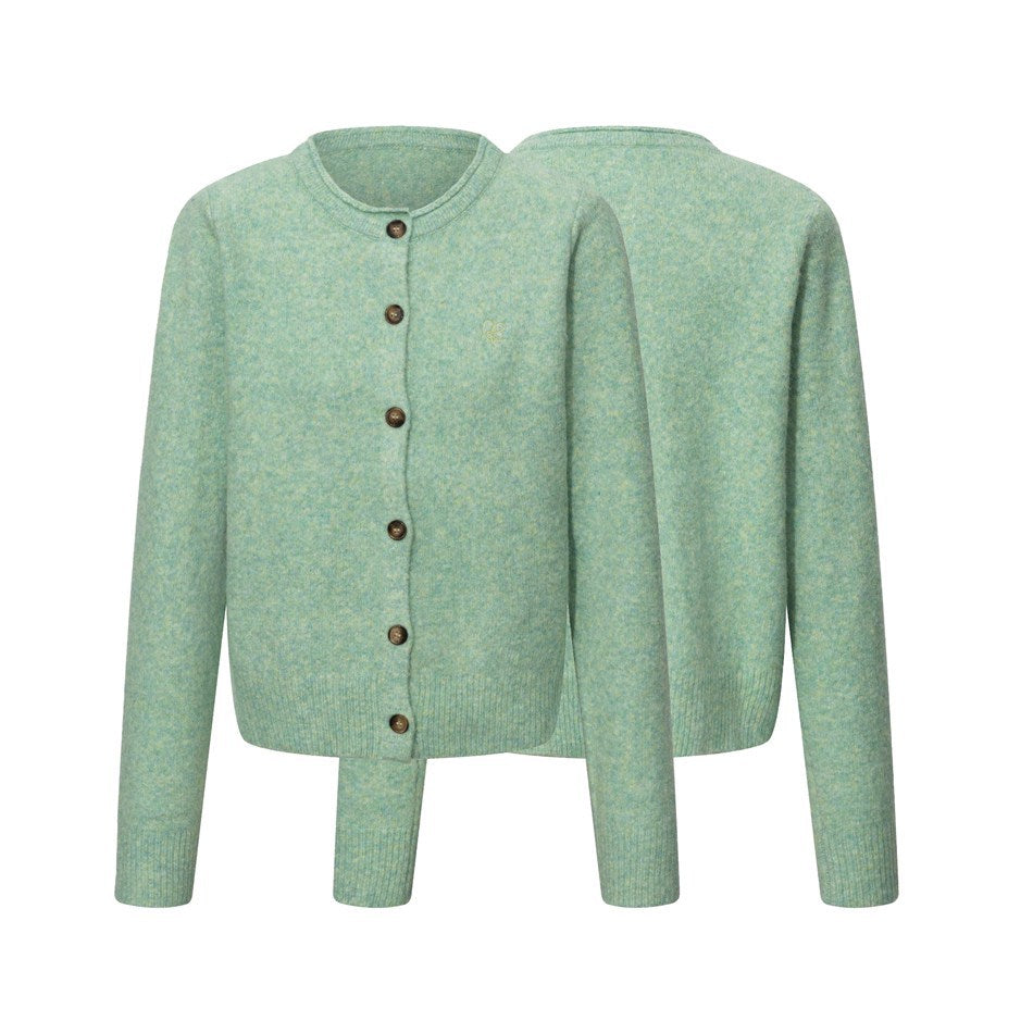 Mint green mottled button-front cardigan shown from the front and back, with long sleeves and a round neckline.