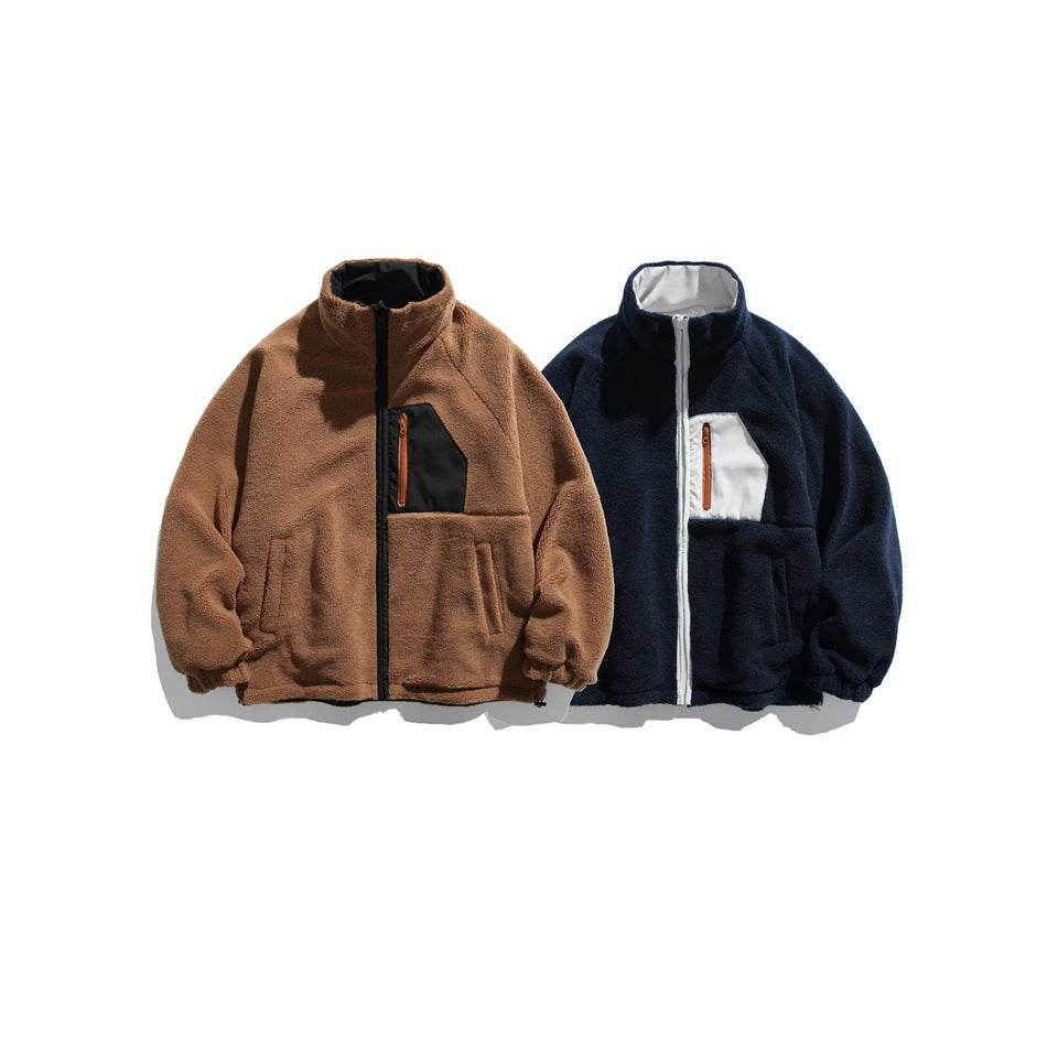 Brown and navy fleece-like zip jackets with contrast chest pockets, shown as the reverse sides