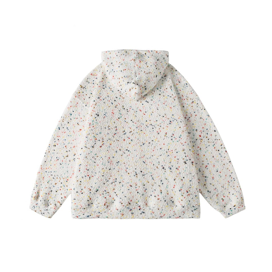 Back view of cream hooded jacket with multicolor speckles on a white background
