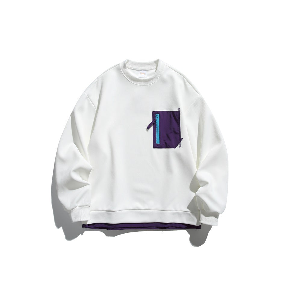 White crew-neck sweatshirt flat lay with purple zip chest pocket and purple layer under the hem