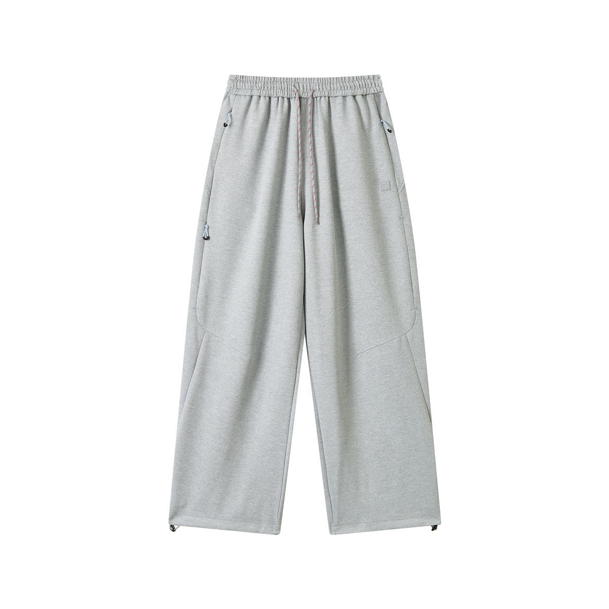 Heather gray wide-leg sweatpants with a red and white drawstring, zippered side pockets and toggle hems, front view