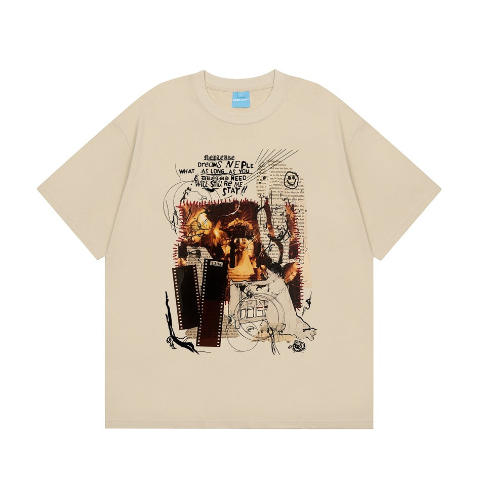 Apricot beige short-sleeve crew-neck T-shirt with a large collage graphic of film strips, newspaper scraps and lettering