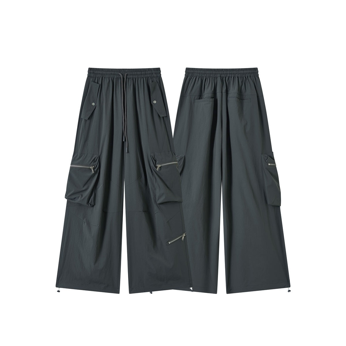 Dark charcoal wide-leg cargo pants shown from the front and back, with an elastic waist, flap pockets, and zippers.