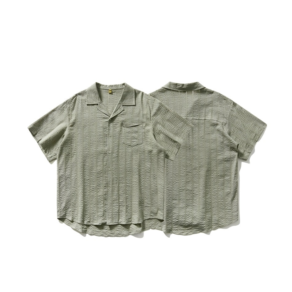 Sage-gray textured short-sleeve button-up shirt shown from the front and back side by side.