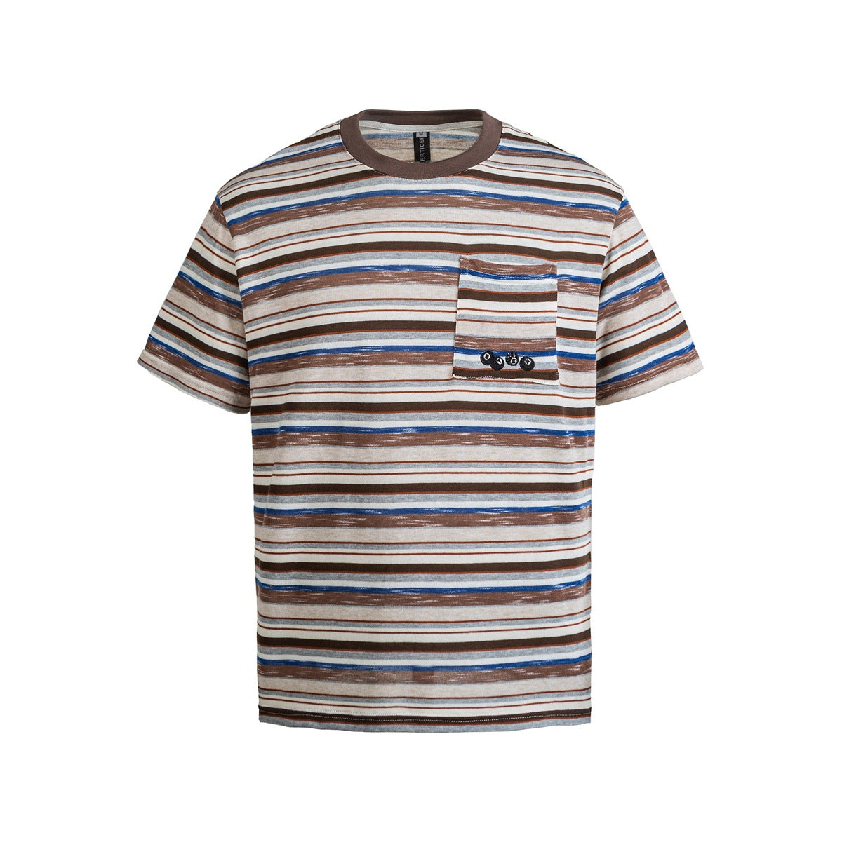 Front of brown, blue and cream striped short-sleeve crew-neck T-shirt with chest pocket and small embroidery