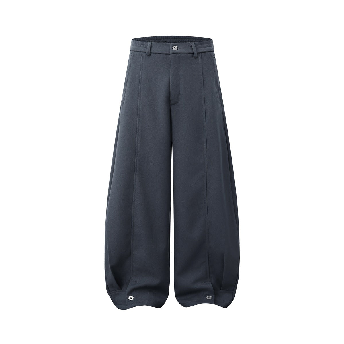 Gray wide-leg trousers with front button fly, front seams and button tabs at the gathered hems, front view