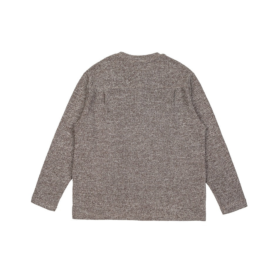 Back view of a heather brown long-sleeve knit top laid flat against a white background.