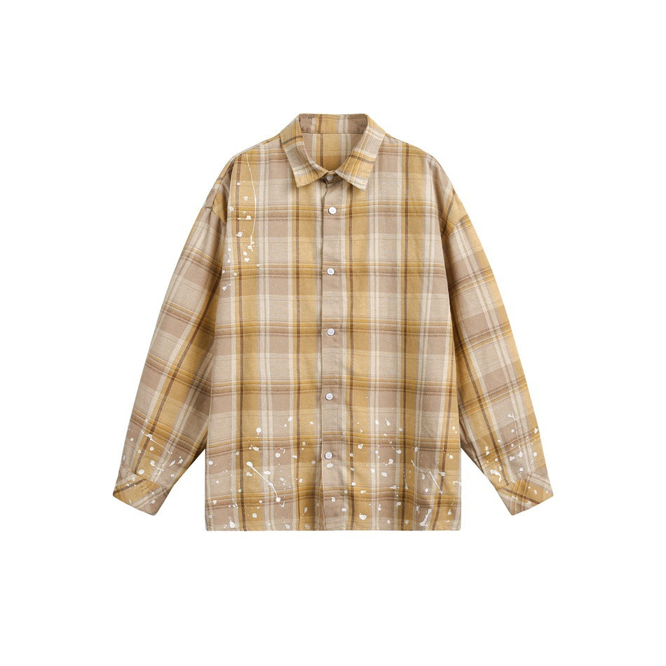 Yellow and tan plaid long-sleeve button-up shirt with white paint splatters, flat lay front view
