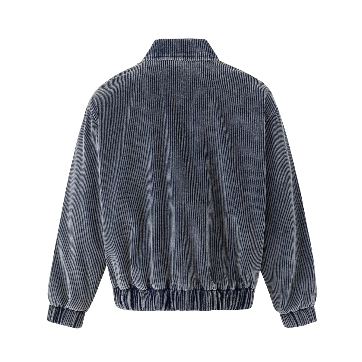 Back view of a blue-gray ribbed jacket with a pointed collar, long sleeves, gathered cuffs, and gathered hem.