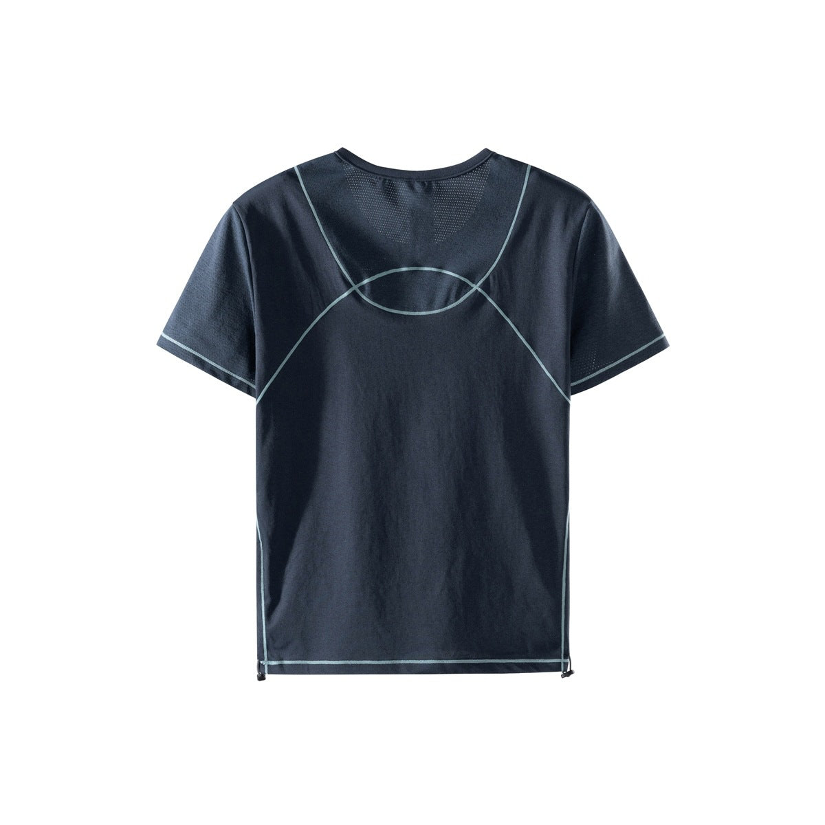 Back of a dark navy short-sleeve shirt with pale blue-gray piping and adjustable hem cords.