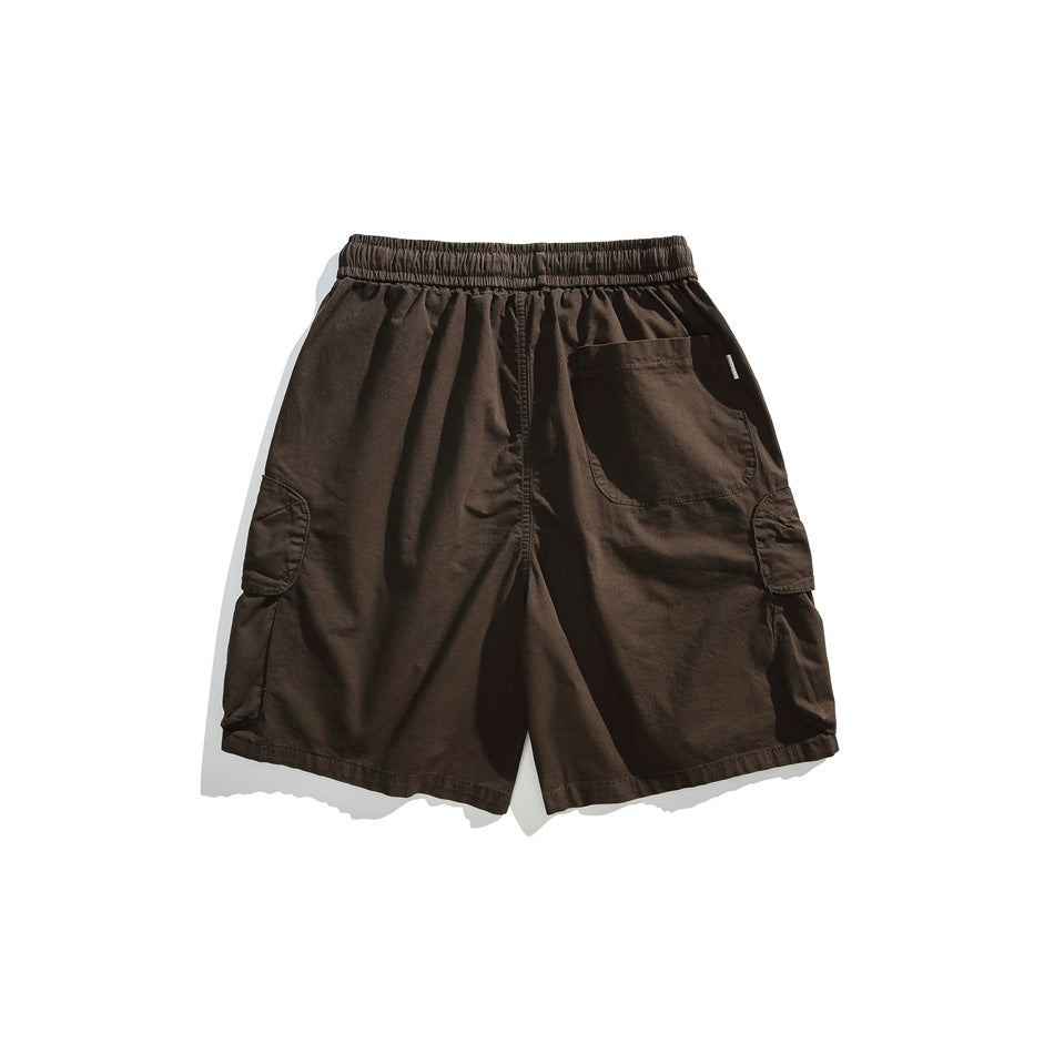 Dark brown cargo shorts shown from the back, with an elastic waistband, rear pocket, and flap cargo pockets.