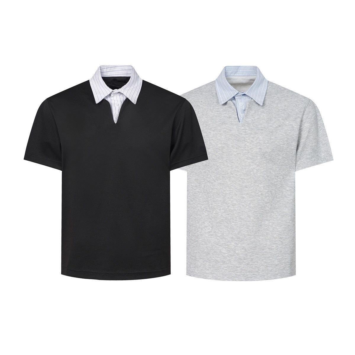 Two short-sleeve polos shown from the front: black and heather gray, each with a striped shirt-style collar insert.
