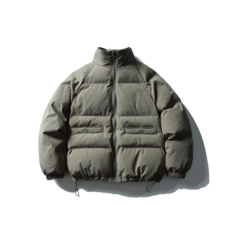 Gray-olive stand-collar puffer jacket, front view, zipper, snap flap pockets, elastic cuffs and drawcord hem