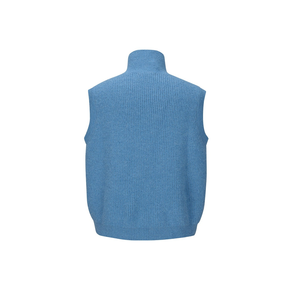 Back view of a blue rib-knit sleeveless sweater vest with a high collar and ribbed hem.