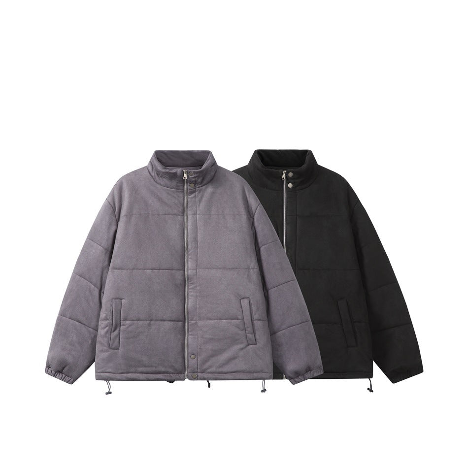Two padded high-collar jackets shown side by side in muted gray and black.