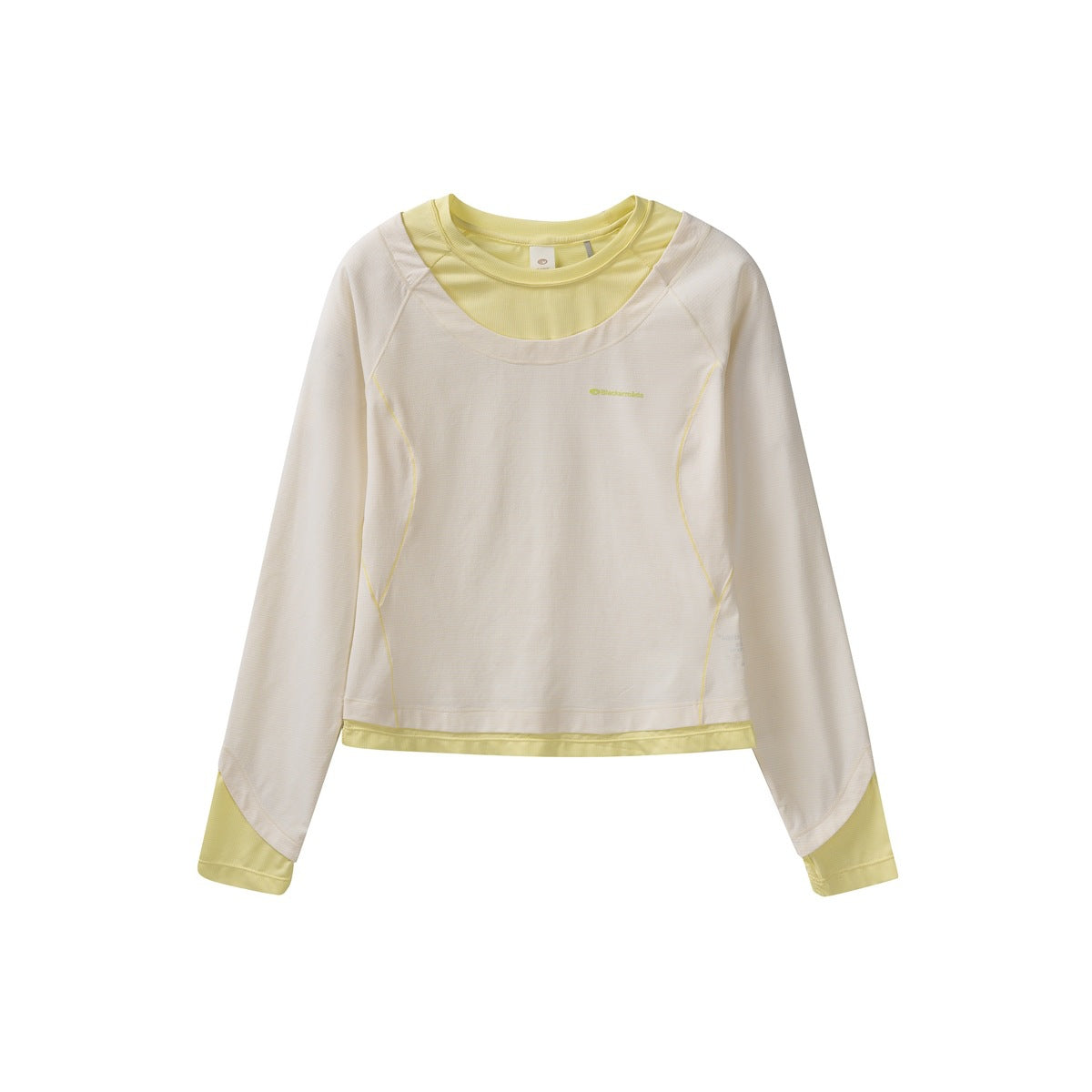 Off-white long-sleeve layered-look top with pale yellow inner layer at neckline, hem and cuffs, flat lay front