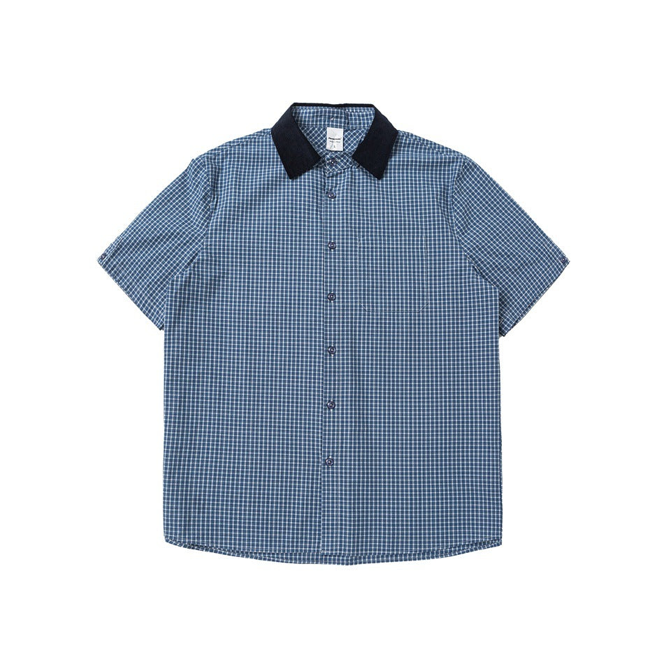 Blue small-check short-sleeve button shirt with navy textured collar and chest pocket, flat lay