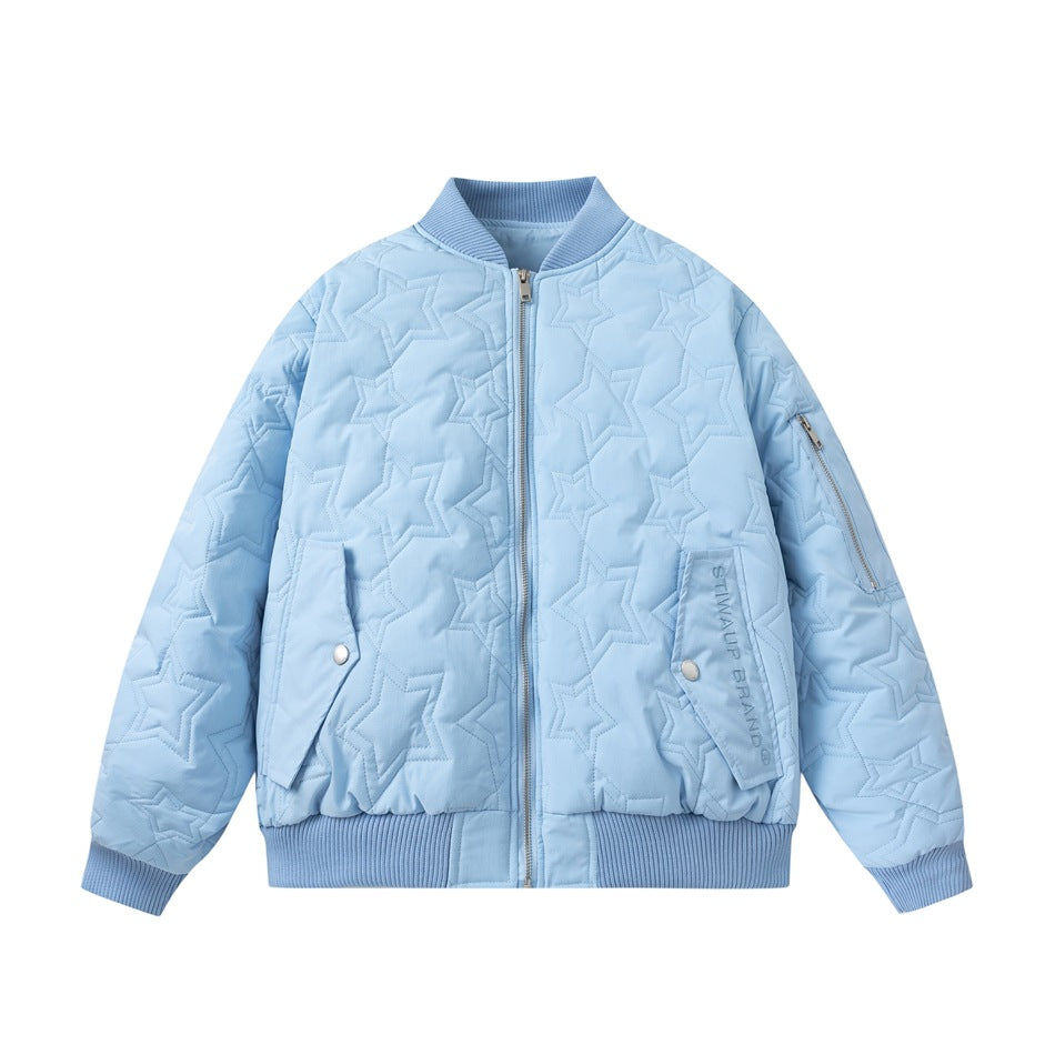 Light blue quilted star-pattern bomber jacket with matching ribbed trim, front zipper, flap pockets and sleeve zip pocket