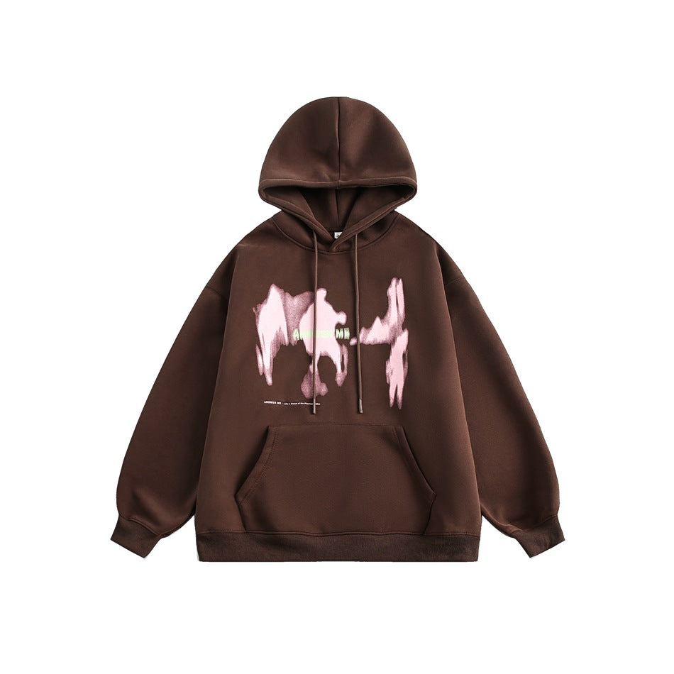 Front view of a dark brown hoodie with drawstrings, a kangaroo pocket, and a pink abstract chest graphic.