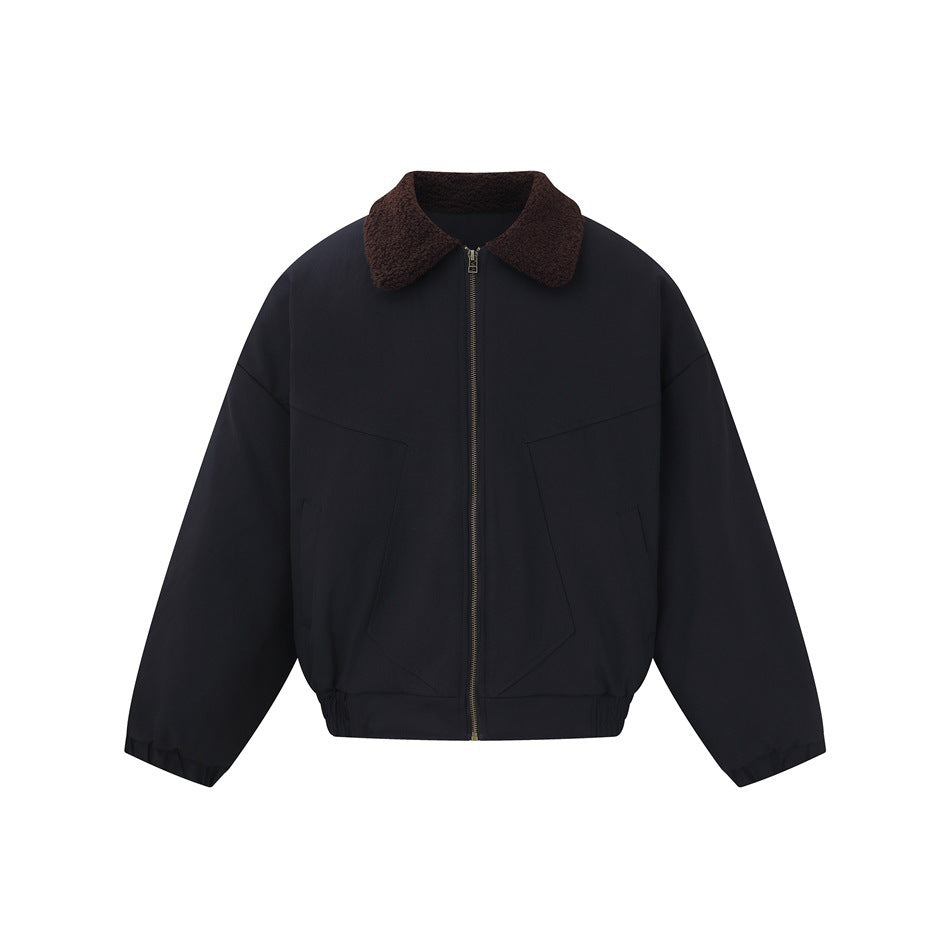 Black zip bomber jacket with brown fleece-like collar, angular front panels and elastic hem, flat front view