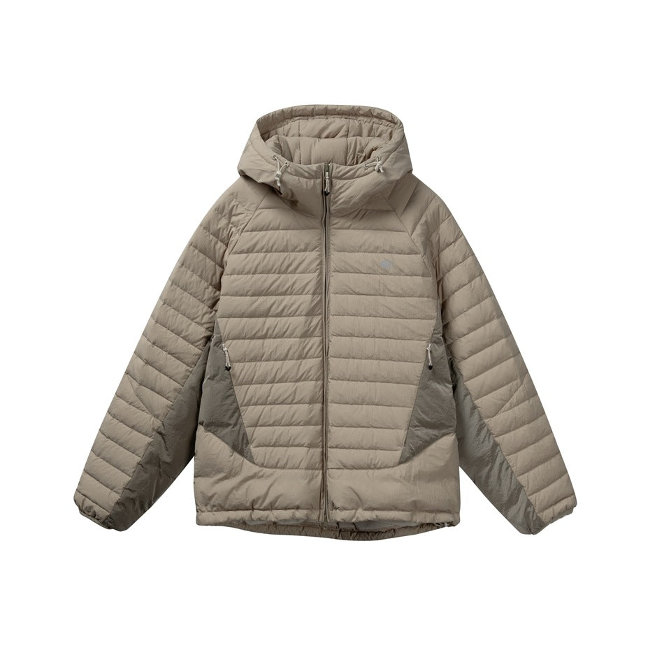 Khaki hooded quilted jacket with front zip, taupe-gray contrast side panels and zippered hand pockets