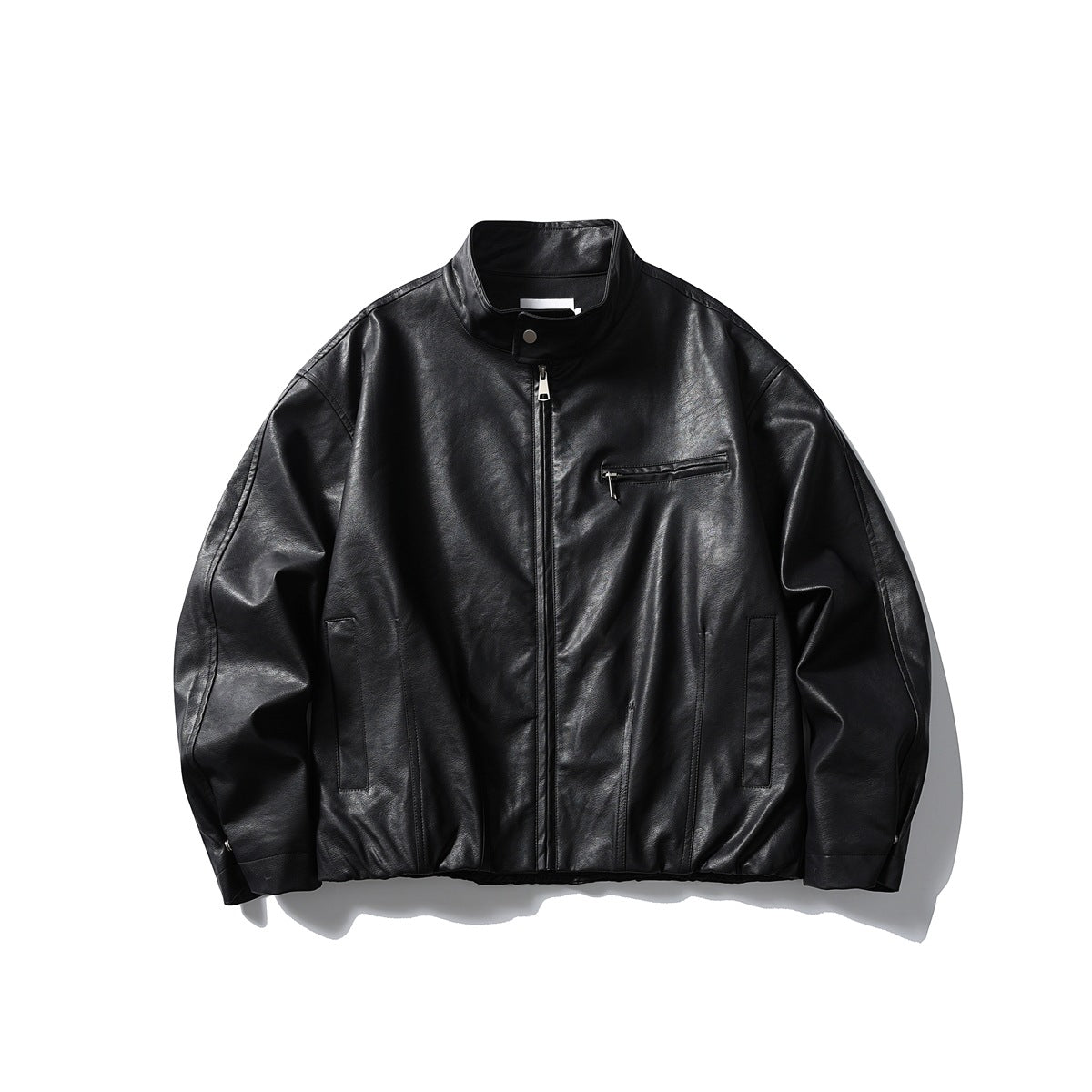 Black faux-leather stand-collar zip jacket, flat front view with chest zip pocket and slanted front pockets