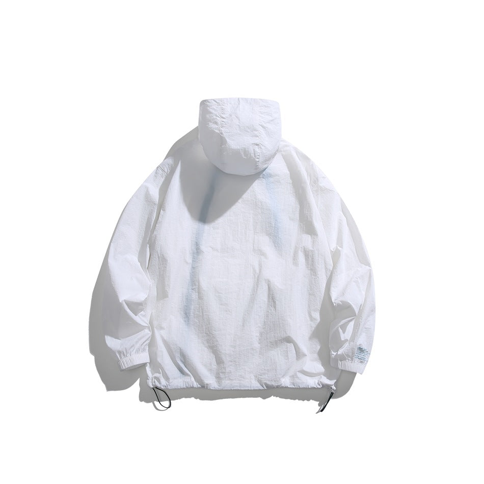 Back view of a white hooded jacket with elastic cuffs and adjustable drawcords at the hem.