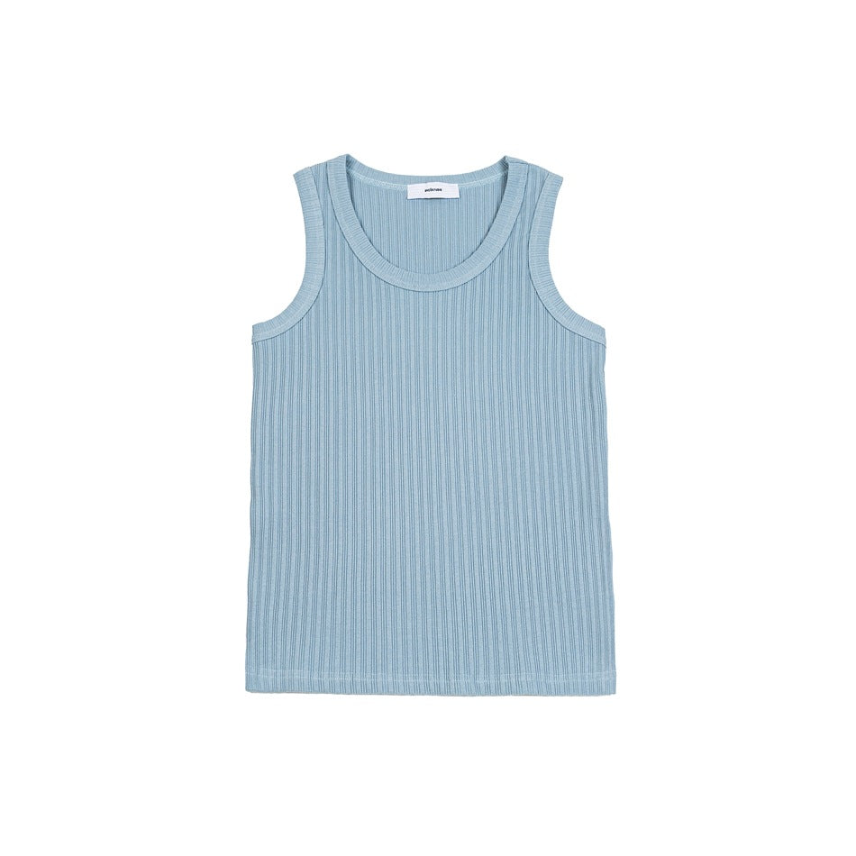 Dusty blue ribbed sleeveless tank top with scoop neckline, flat lay front view