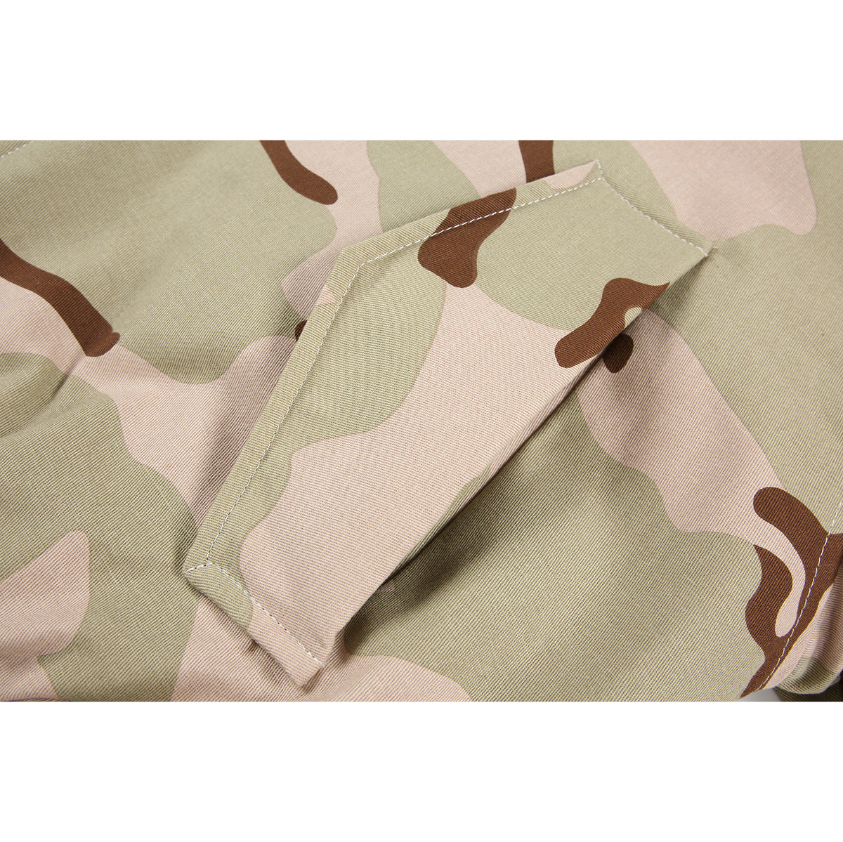 Close-up of a flap pocket on beige, sage, and brown camouflage fabric.