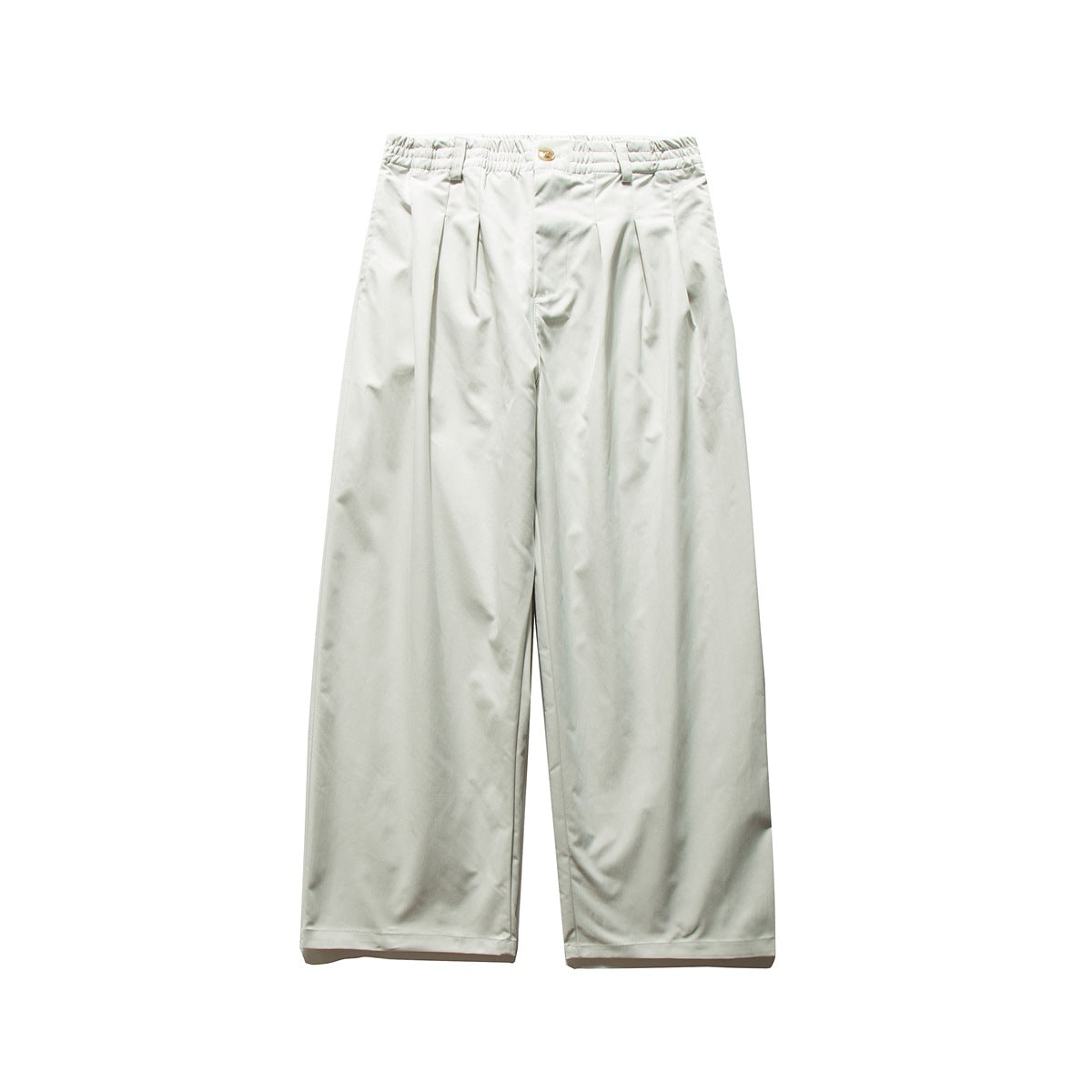Pale off-white gray-green wide-leg pleated trousers with elastic waistband, flat lay front view