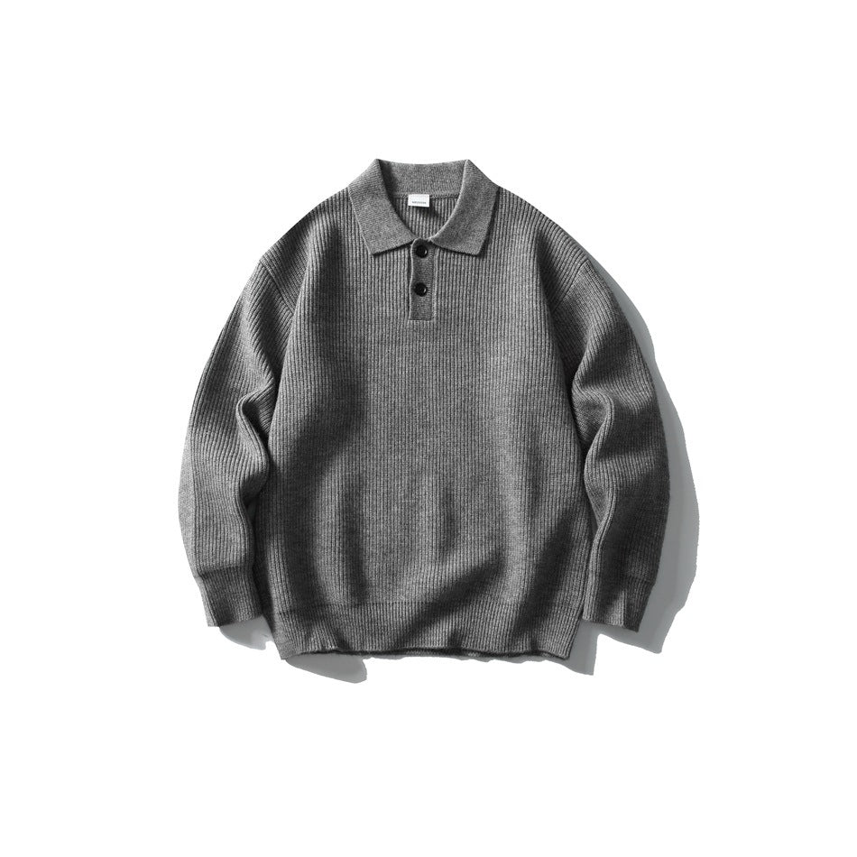 Gray ribbed knit polo-collar sweater with two buttons, flat lay front view