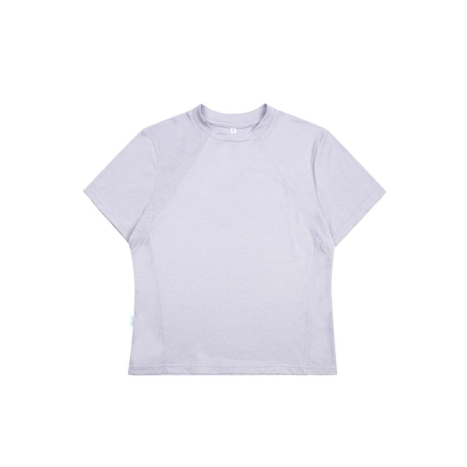 Light lavender short-sleeve crew-neck T-shirt with raglan seams, flat lay on white background