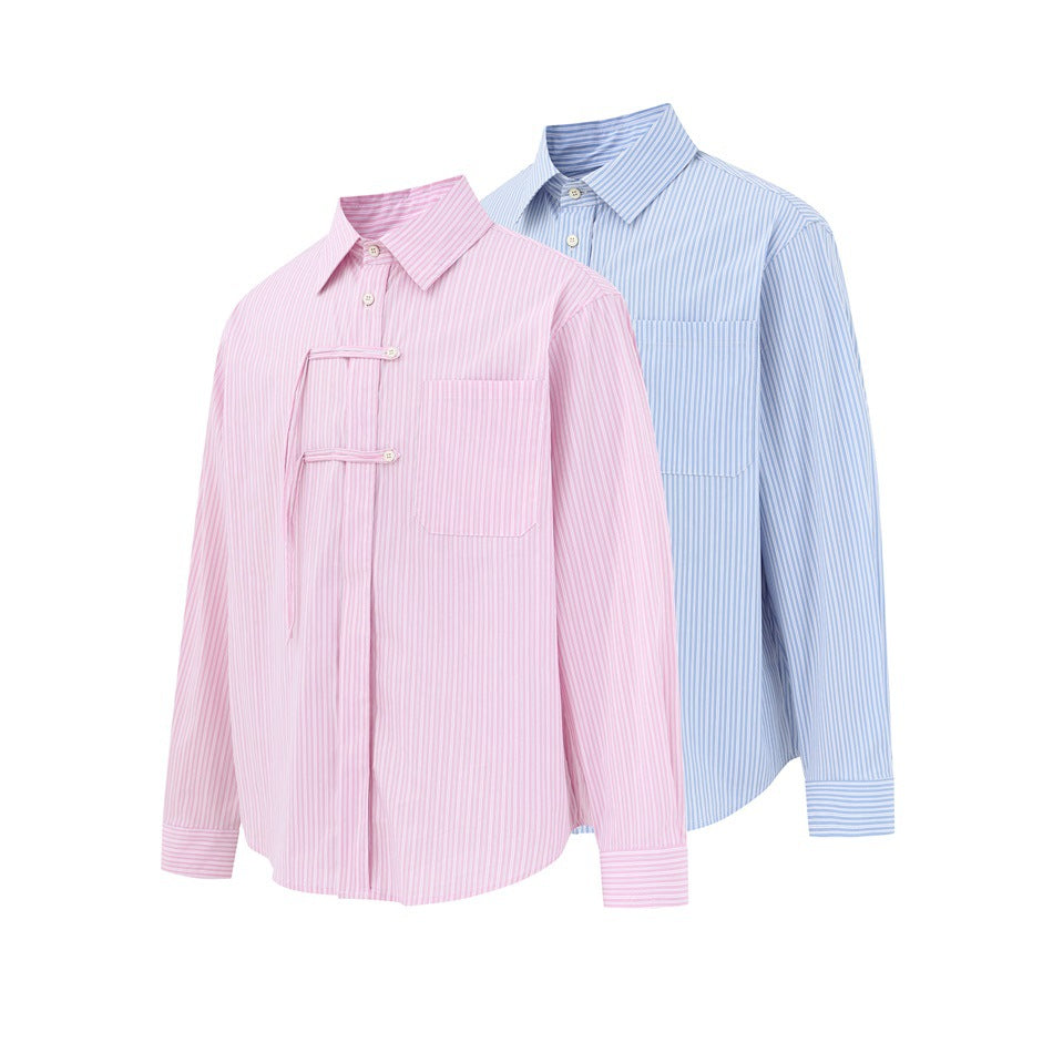 Two striped button-up shirts shown together: pink in front and light blue behind, each with a chest pocket.