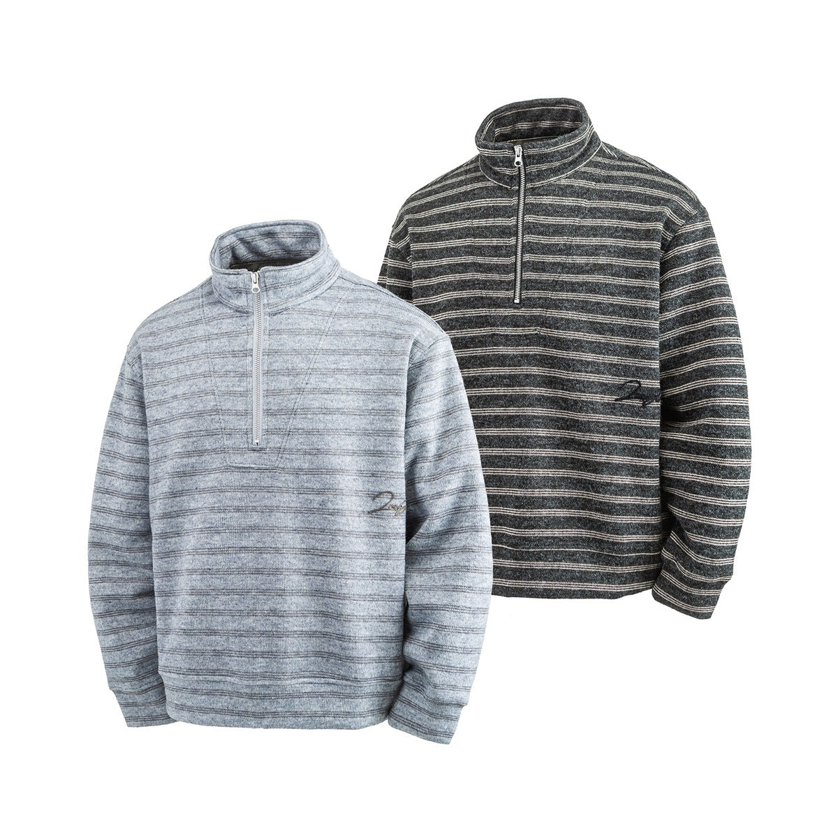 Two striped quarter-zip pullovers shown from the front: light gray in front and charcoal behind.
