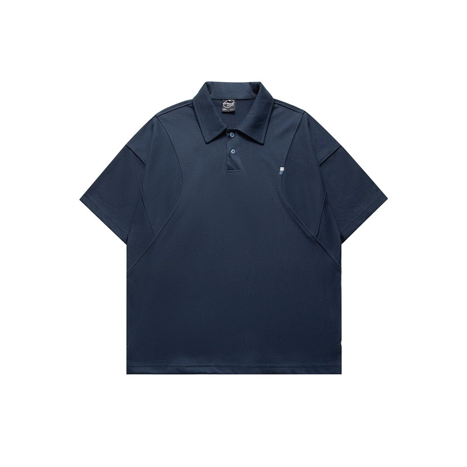 Navy blue short-sleeve polo shirt, front view, with two buttons and curved paneled seams