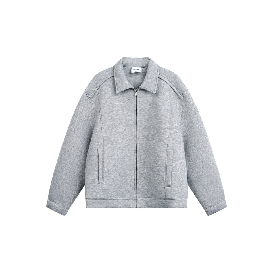 Heather gray zip-front jacket with turn-down collar and front pockets, flat front view on a white background