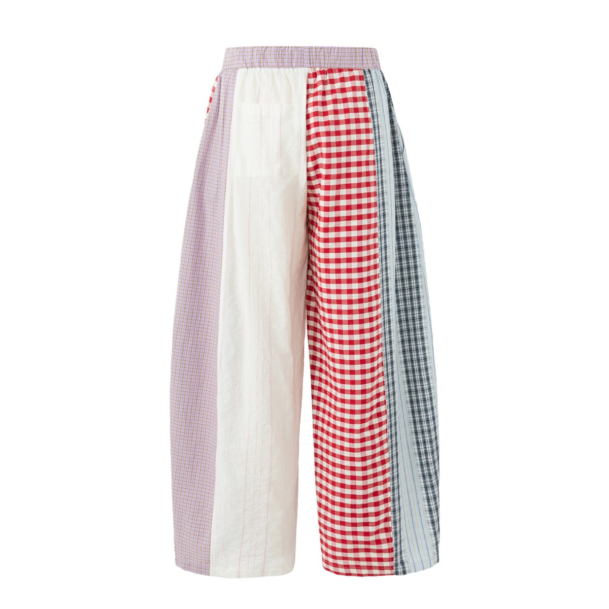 Front view of wide-leg patchwork pants with an elastic waist and panels of lavender checks, white, red gingham and blue