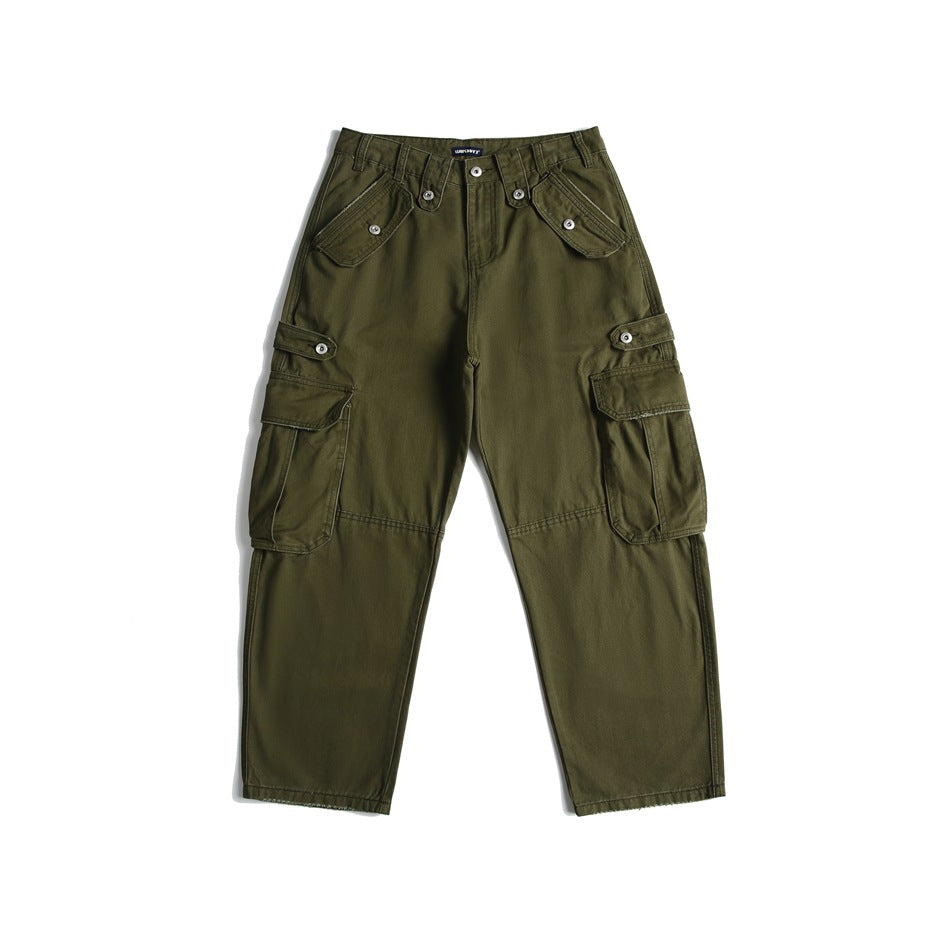 Olive green cargo pants flat lay, front view, with snap-button flap pockets and thigh cargo pockets