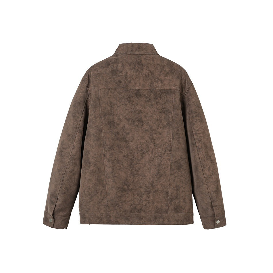 Back view of a mottled brown jacket with a large rectangular panel and buttoned cuffs.