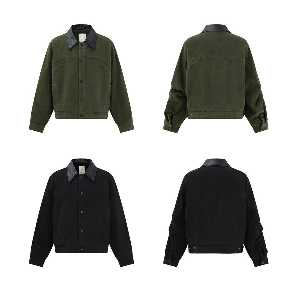 Front and back views of the olive green and black jackets with black leather-look collars