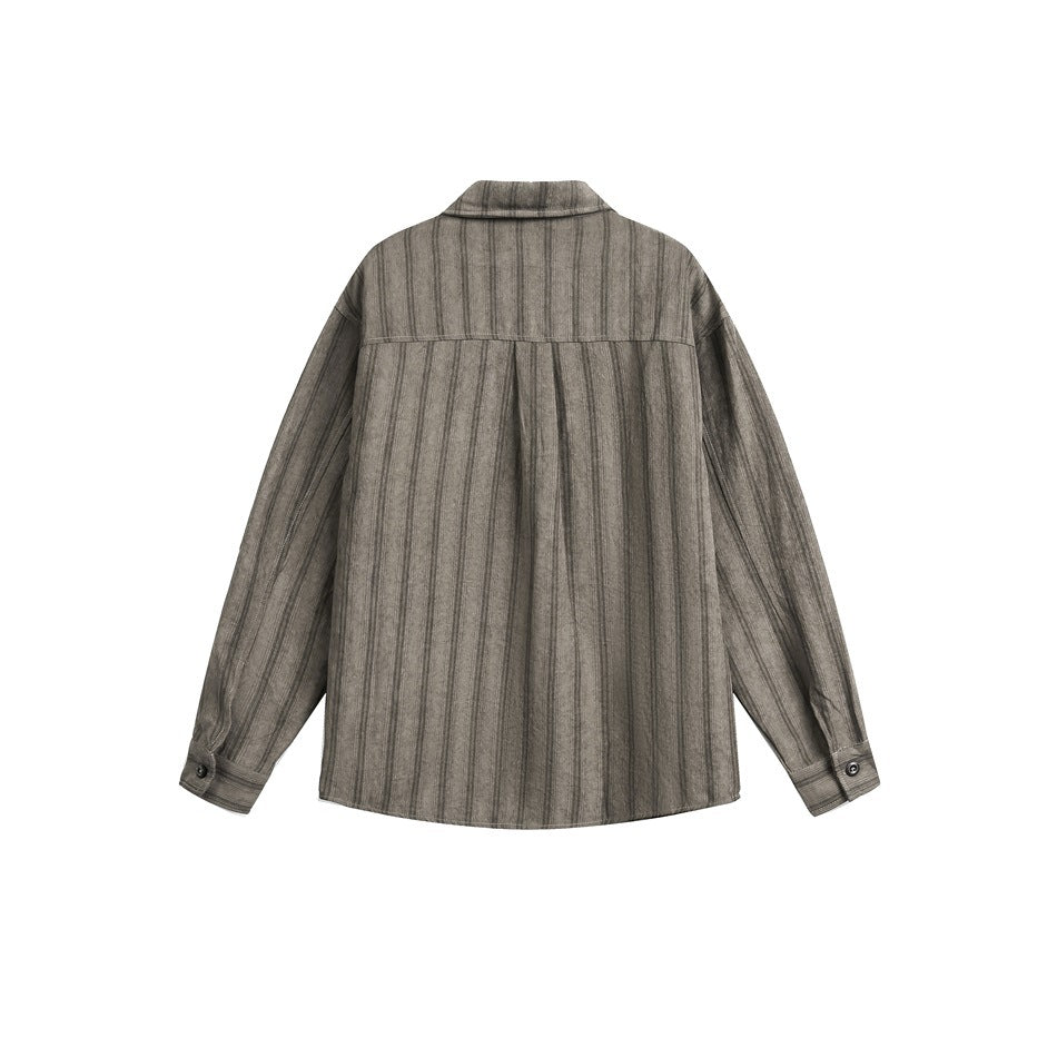 Back view of a taupe long-sleeve striped button-up shirt with a yoke and button cuffs.