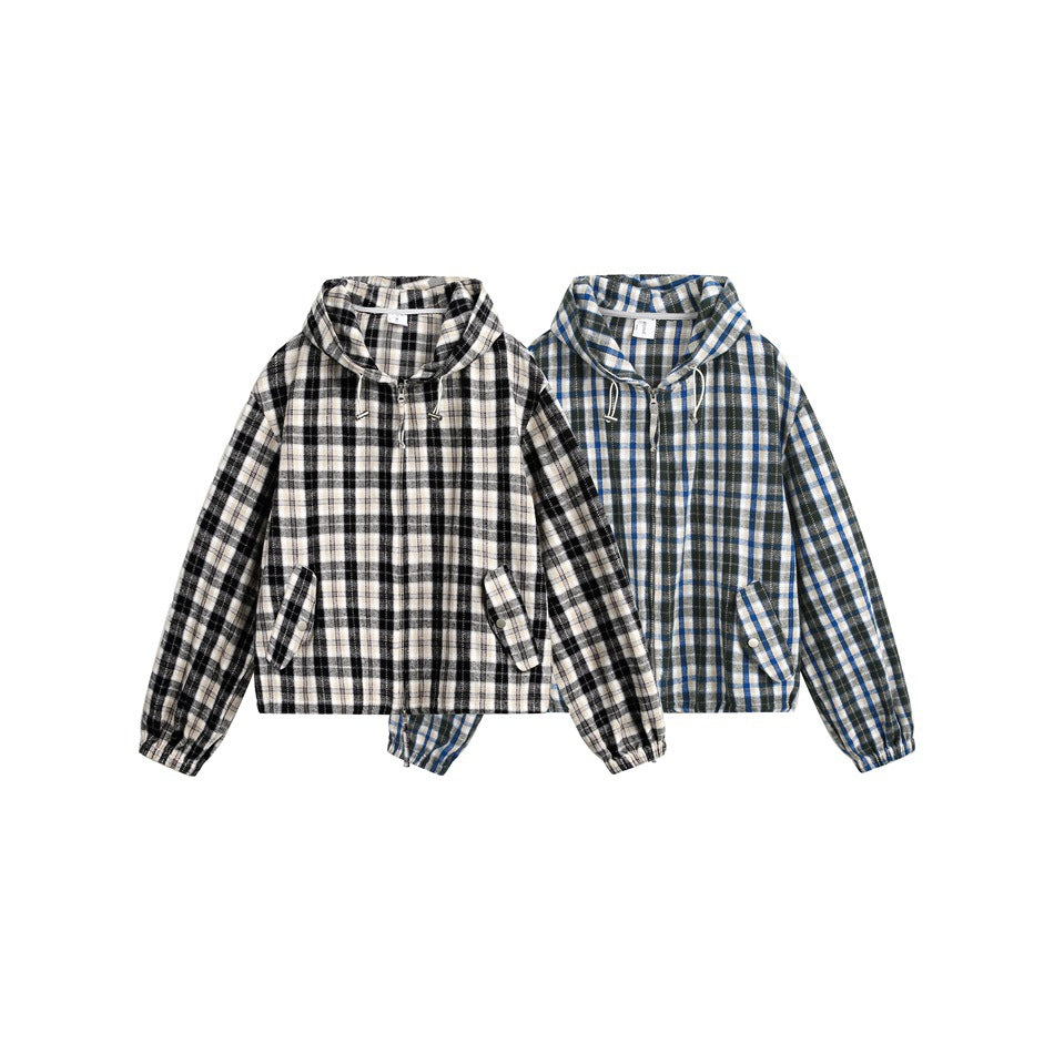 Two hooded zip jackets shown together: one cream and black plaid, the other blue, black, and cream plaid.
