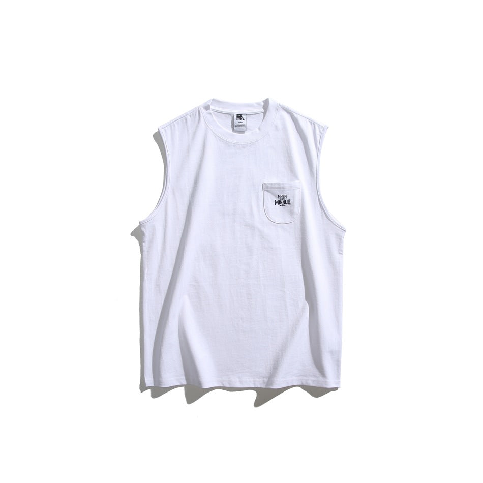 White sleeveless crew-neck shirt with a small printed chest pocket, shown flat against a white background.