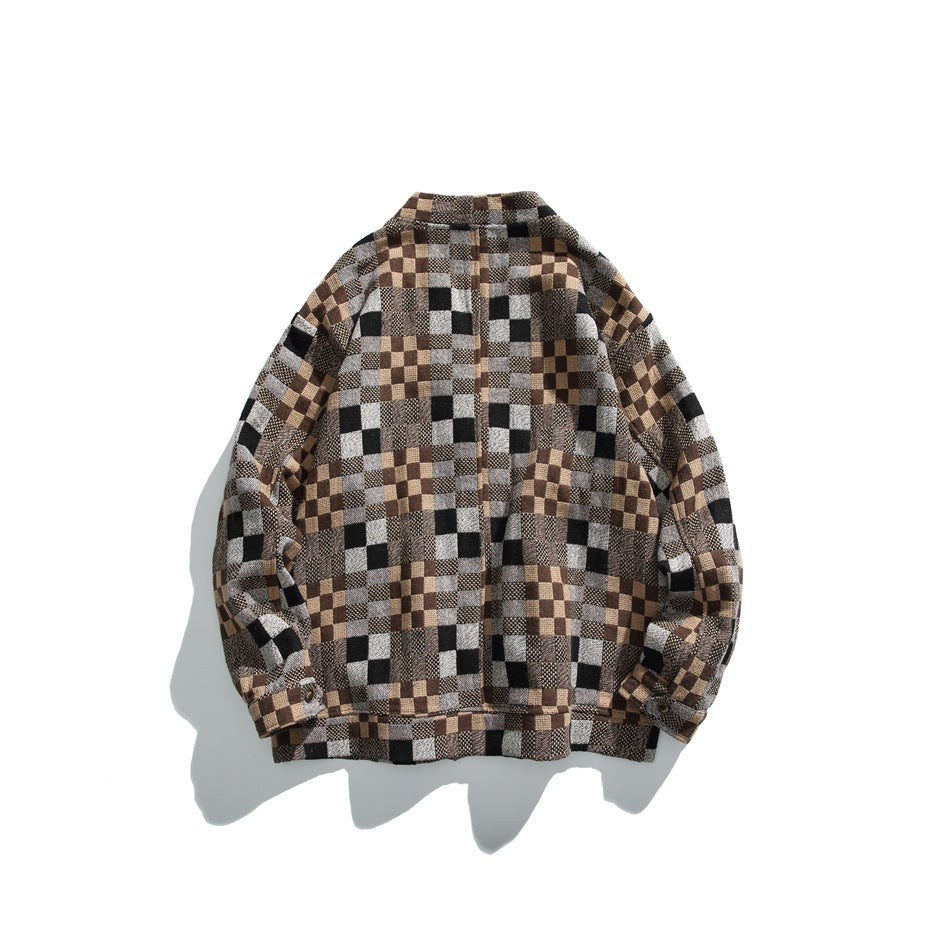 Back view of a brown, black, gray and white patchwork-check long-sleeved jacket with a short stand collar.